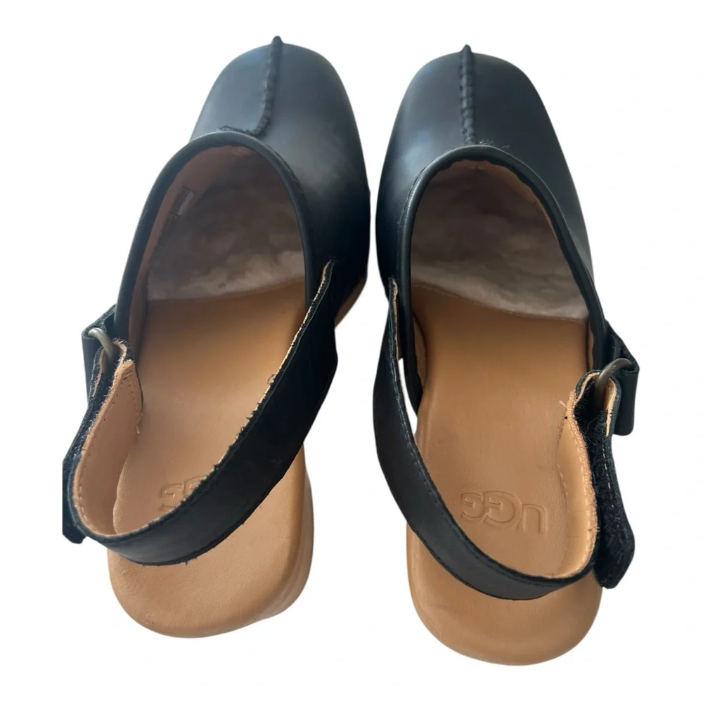 UGG Women’s Black Leather Platform Clog Slingback Heels Size 7 Wood Lug Sole - Picture 4 of 6